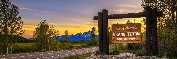 Tablica, Park Narodowy Grand Teton, Góry, Wyoming, Stany Zjednoczone, Droga, Drzewa