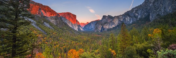 Dolina, Yosemite Valley, Park Narodowy Yosemite, Kalifornia, Stany Zjednoczone, Las, Drzewa, Góry, Jesień