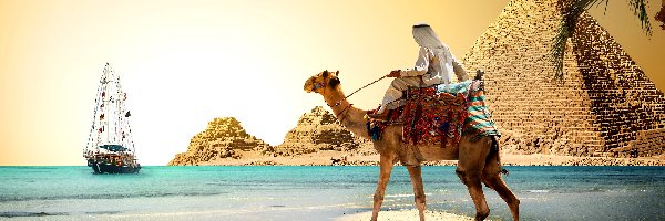 Arab, Morze, Wielbłąd, Fantasy, Żaglowiec, Piramidy