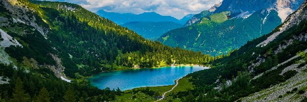Zieleń, Alpy, Austria, Chmury, Seebensee, Lasy, Drzewa, Góry, Jezioro, Tyrol