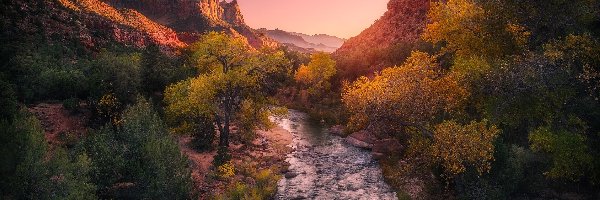 Jesień, Drzewa, Rzeka, Góra Watchman, Góry, Stany Zjednoczone, Utah, Rzeka Virgin River, Park Narodowy Zion