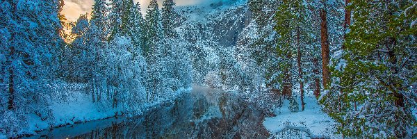 Śnieg, Drzewa, Rzeka, Góry, Zima, Stany Zjednoczone, Kalifornia, Merced River, Park Narodowy Yosemite