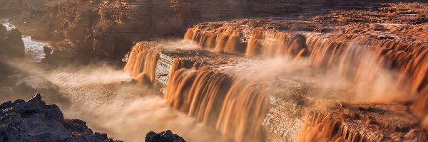 Rzeka, Grand Falls, Stany Zjednoczone, Arizona, Skały, Little Colorado River, Zachód słońca, Wodospad