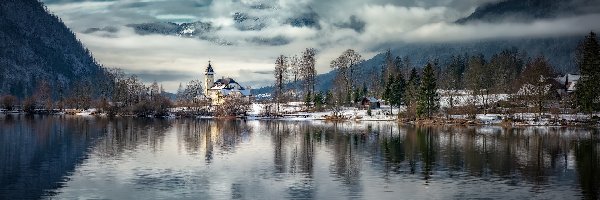 Austria, Zima, Drzewa, Góry, Jezioro Grundlsee, Styria, Zamek Grundlsee