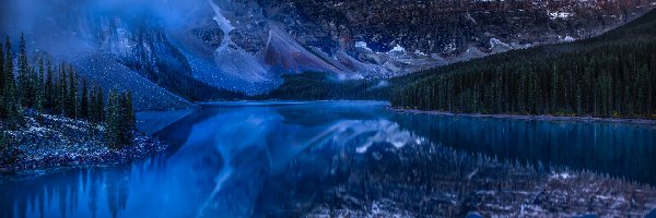 Kanada, Mgła, Odbicie, Jezioro Moraine, Góry, Alberta, Park Narodowy Banff
