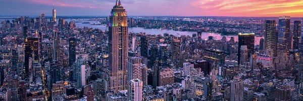 Manhattan, Wieżowce, Empire State Building, Nowy Jork, Stany Zjednoczone, Hudson River, Rzeka