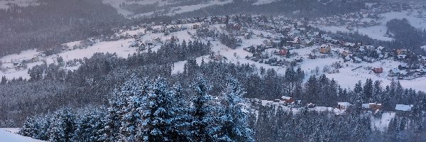 Zima, Drzewa, Domy, Wzgórza, Śnieg