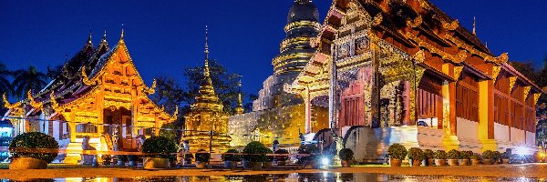 Noc, Świątynia, Wat Phra Singh Woramahawihan, Odbicie, Chiang Mai, Tajlandia