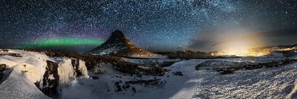 Islandia, Zima, Noc, Niebo, Gwiazdy, Droga Mleczna, Góra Kirkjufell