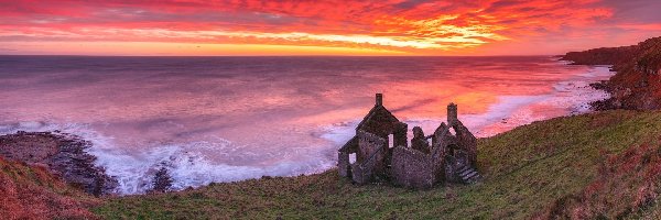 Ruiny, Szkocja, Zachód słońca, Morze