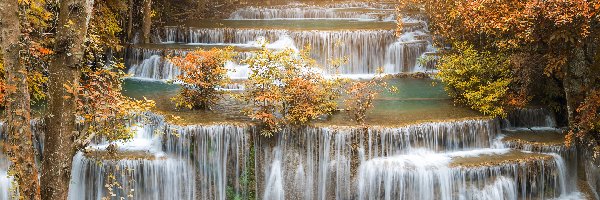 Huay Mae Khamin Waterfalls, Drzewa, Tajlandia, Kanchanaburi, Wodospad, Park Narodowy Khuean Srinagarindra, Prowincja, Jesień