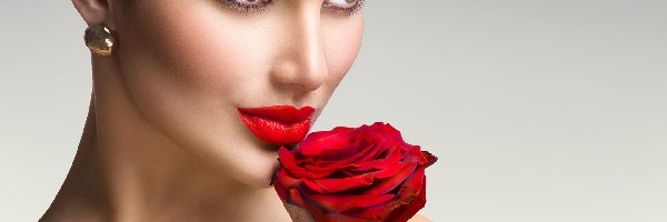 Kobieta, Kolczyki, Makijaż, Róża, Czerwona