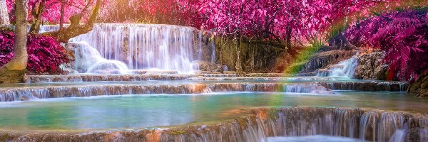 Kuang Si Falls, Prowincja Louangphrabang, Tęcza, Drzewa, Wodospad, Kaskady, Kolorowe, Laos