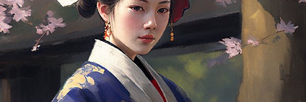 Japonka, Obraz olejny, Kimono, Kobieta
