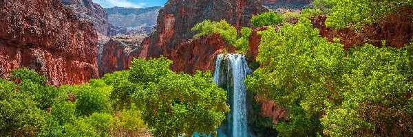 Wielki Kanion Kolorado, Arizona, Havasu Falls, Wodospad, Park Narodowy Wielkiego Kanionu, Skały, Drzewa, Stany Zjednoczone