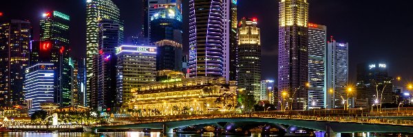 Most, Oświetlone, Singapur, Most, Central Business District, Promenada Esplanade, Noc, Wieżowce