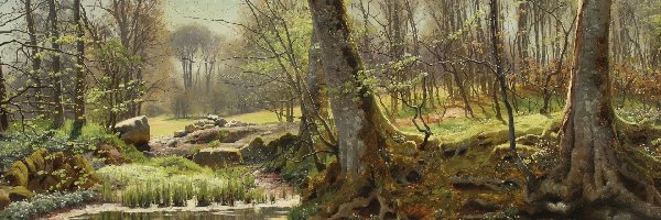 Drzewa, Pejzaż, Rzeka, Roślinność, Peder Mork Monsted, Reprodukcja obrazu