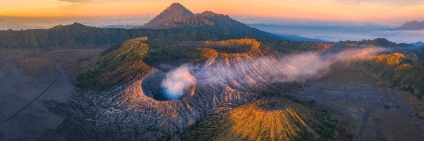 Dym, Wulkany, Mount Bromo, Jawa, Indonezja, Wschód słońca, Mount Semuru