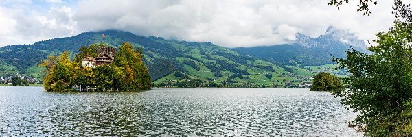 Drzewa, Jezioro Lauerz, Góry, Niebo, Wyspa Schwanau, Szwajcaria