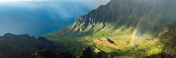 Blask, Góry, Morze, Wyspa Kauai, Hawaje, Słoneczny, Tęcza