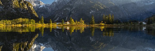 Austria, Lake Almsee, Drzewa, Jezioro, Góry, Odbicie, Dom