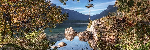 Jezioro, Bawaria, Drzewa, Skały, Ramsau, Hintersee, Góry, Niemcy