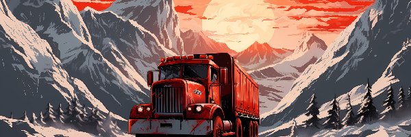 Ciężarówka, Zima, Góry, Grafika, Zachód słońca