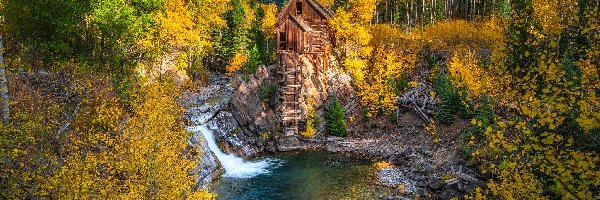 Crystal Mill, Kolorado, Rzeka, Krzewy, Młyn, Jesień, Drzewa, Stany Zjednoczone