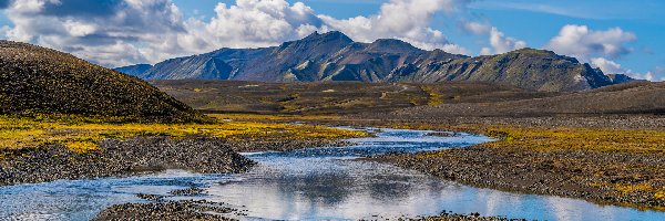 Rzeka, Góry, Kręta, Chmury, Landmannalaugar, Islandia