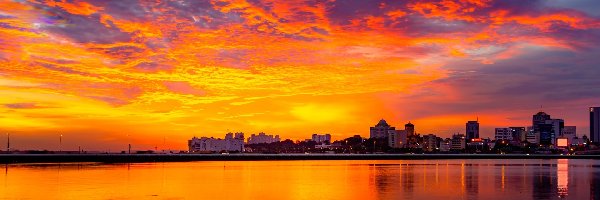 Miasto, Niebo, Cieśnina Johor, Singapur, Kolorowe, Zachód słońca