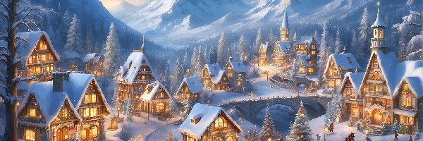 Most, Góry, Domy, Boże Narodzenie, Grafika. Zima, Choinki, Oświetlone