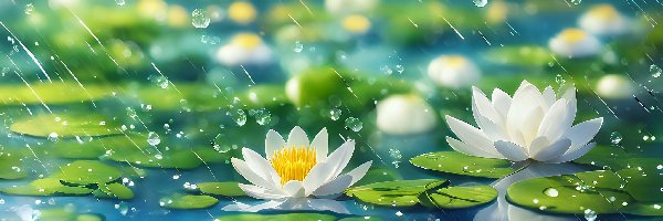 Lilie wodne, Kwiaty, Białe, 2D, Deszcz
