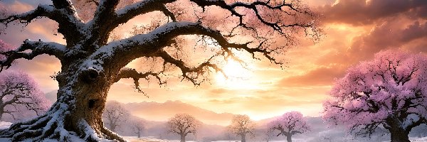 Paintography, Drzewa, Wschód słońca, Góry, Zima, Chmury, Mgła