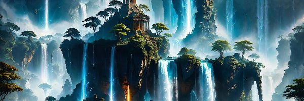 Fantasy, Świątynia, Drzewa, Wodospady, Grafika, Skały, Promienie słońca