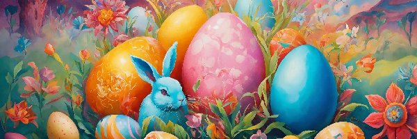 Malarstwo, Kolorowe, Wielkanoc, Kwiaty, Jajka