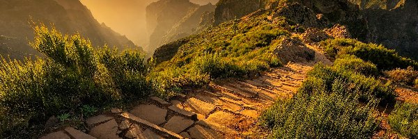 Ścieżka, Góry, Pico Arieiro, Promienie słońca, Madera, Portugalia