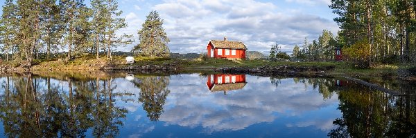 Drzewa, Ringerike, Odbicie, Chmury, Jezioro Vaeleren, Łódka, Dom, Norwegia