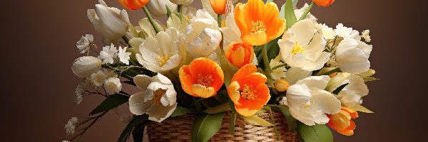 Kwiaty, Pomarańczowe, Białe, Koszyk, Tulipany