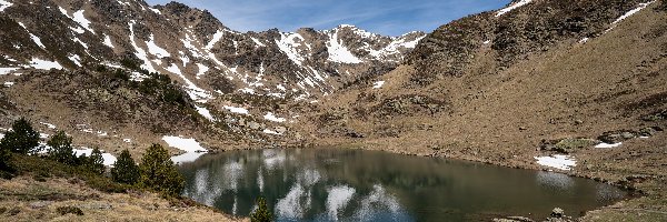 Jezioro, Pireneje, Niebo, Góry, Tristaina Lake, Drzewa, Ośnieżone, Andora