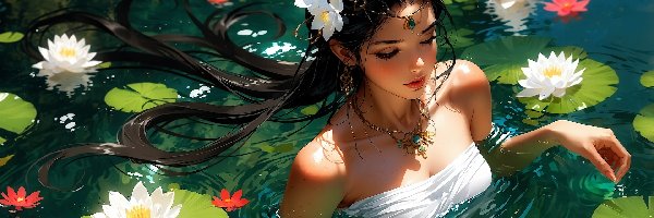 Grafika, Woda, Kobieta, Kwiaty, Lilie wodne
