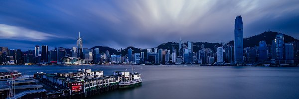 Miasto nocą, Morze, Port Victoria Harbour, Hongkong, Chiny, Domy Zdjęcie miasta, Wybrzeże