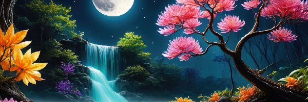 Drzewa, Wodospad 2D, Księżyc, Kwiaty