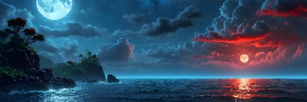 Grafika, Noc, Morze, Chmury, Księżyc
