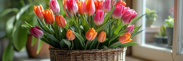 Tulipan, Kolorowe, Tulipany, Kwiaty, Bukiet, Bukiet Kwiatów, Koszyk Kwiat