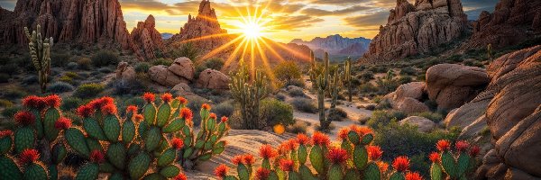 Kaktusy, Skały, Pustynia, Grafika, Promienie słońca