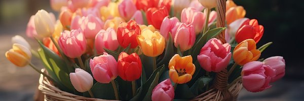 Kolorowe, Koszyk, Tulipany, Bukiet
