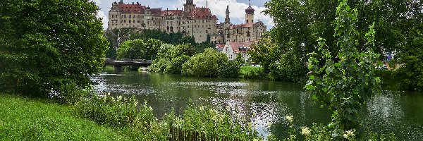 Zamek Sigmaringen, Rzeka, Niemcy, Drzewa, Dunaj