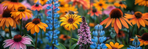 Kwiaty, Łubin, Kolorowe, Pszczoła, Jeżówka