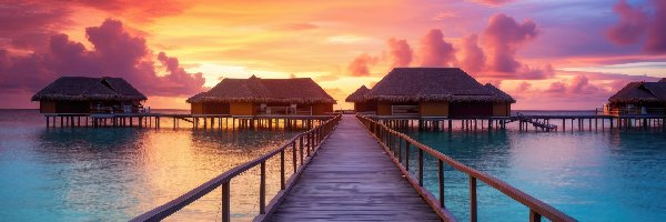 Atol Addu, Morze, Zachód słońca, Malediwy, Domki, Pomost