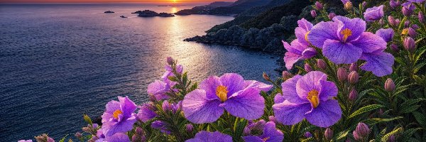 Zachód Słońca, Fioletowe, Kwiaty, Morze